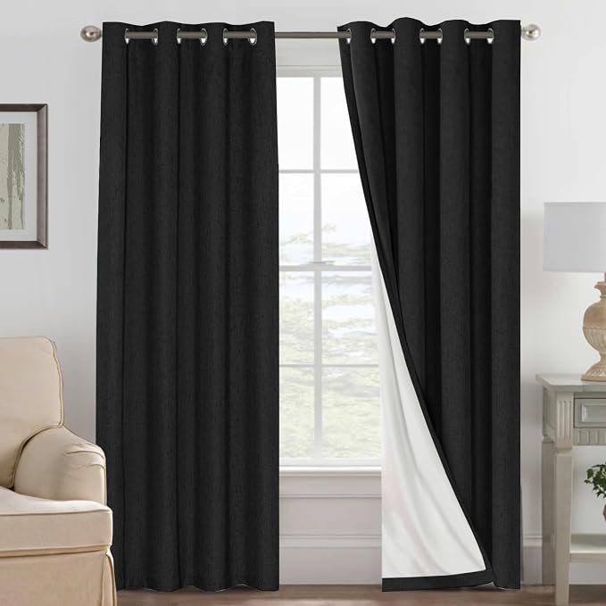 H.VERSAILTEX Linen Curtains 100% Blackout Curtains for Bedroom 102 inch Long Full Light Blocking Nature Linen Blended Window Curtains for Living Room Nickel Grommet (2 Panels, Black)