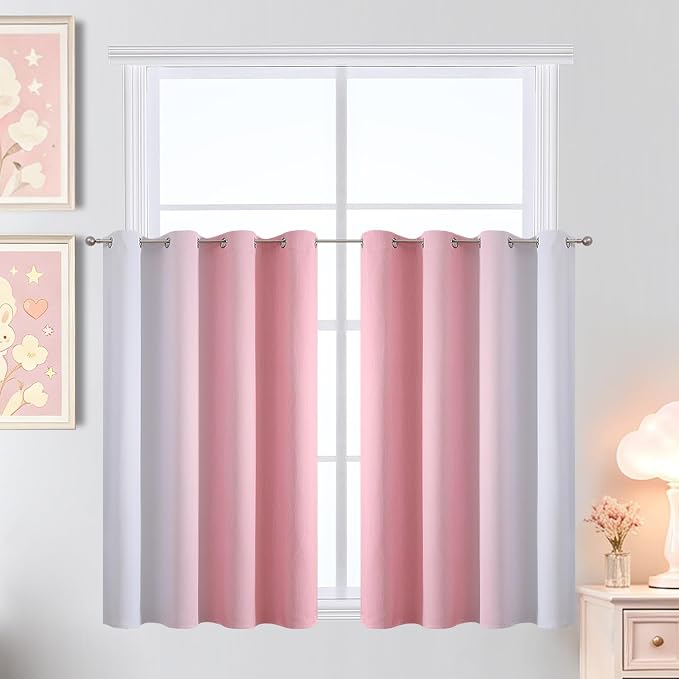 Pink and Greyish White Ombre Blackout Curtains for Bedroom 52x36 Inch Long | Estelar Textiler Kids/Girls Room Darkening Curtains,Thermal Insulated Grommet Short Window Drapes for Nursery,2 Panels