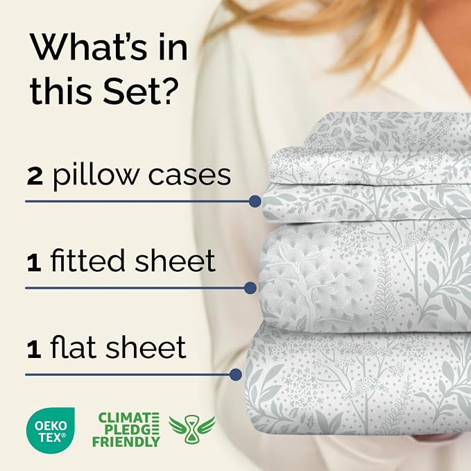Cal King 4 Piece Floral Sheet Set - Soft, Breathable & Cooling - Diamond | 1 Flat, 1 Fitted & 2 Pillowcases w/ Deep Pockets, Boho Botanical Floral Bedding, Breathable & Cooling, Wrinkle & Fade Free