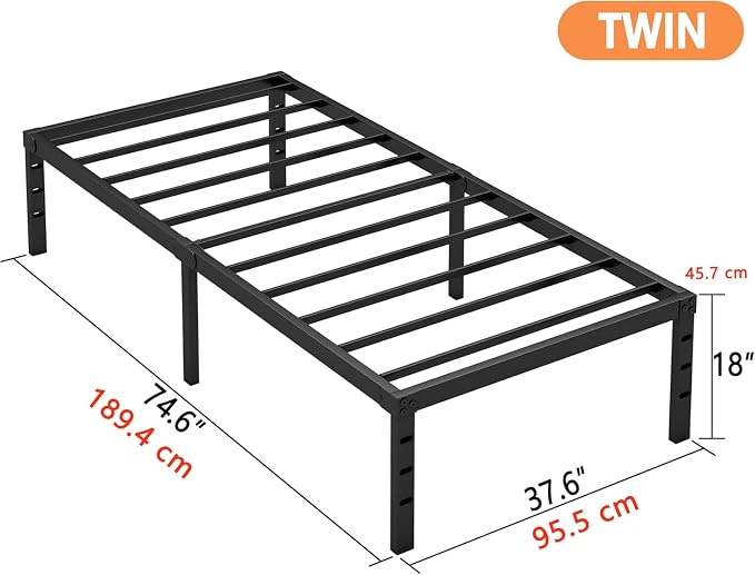 Hafenpo 18 Inch Twin Bed Frame, Under Bed Storage, Black | Sturdy Metal Platform Twin Size, No Box Spring Needed, Heavy Duty, Easy Assembly, Strong Bearing Capacity