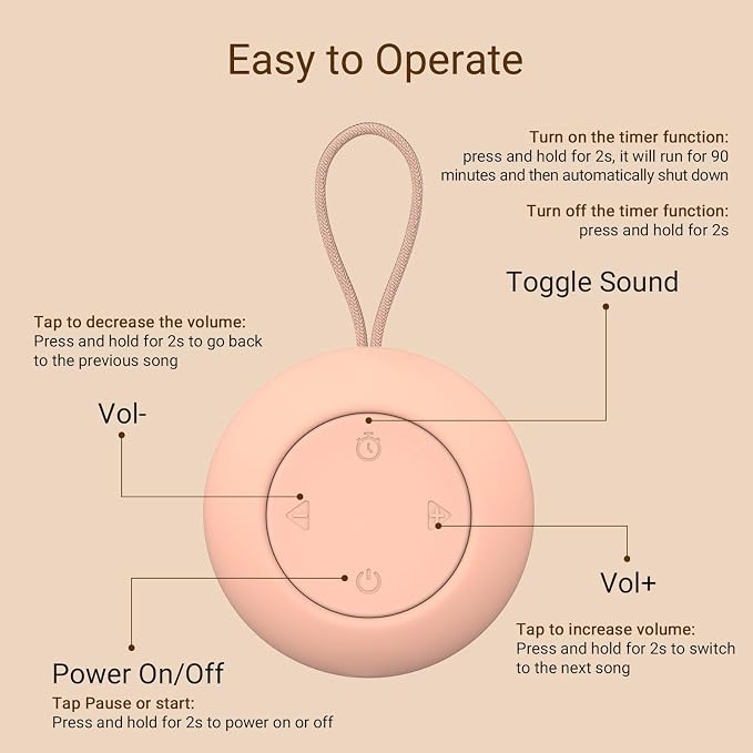 Portable Baby Sound Machine & Essentials for Babies & Kids-Peach | White Noise Machine[Timer Function][20 Soothing Sounds][15 Hours Battery Life]Travel,Registry,Gifts,Clips on Baby Stroller