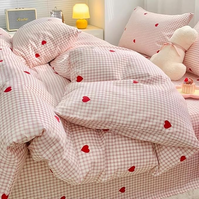 Nayoroom Gingham Duvet Cover Twin Size Pink Plaid Red Heart Printed on White Bedding Set 2 Pcs Kids Girls Cute Heart-Shaped Comforter Cover with Zipper Closure Soft Breathable Microfiber