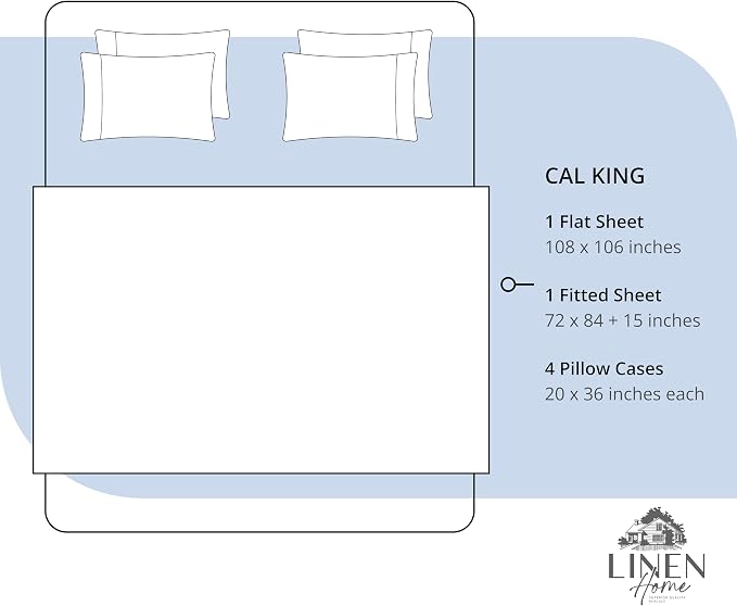 Linen Home 6 Piece Cal King Cotton Sheet Set, 100% Cotton Percale, 4 Pillowcases, Deep Pocket with All Around Elastic Sheet, Crisp Breathable Bedding, Hotel Luxury, Dark Blue