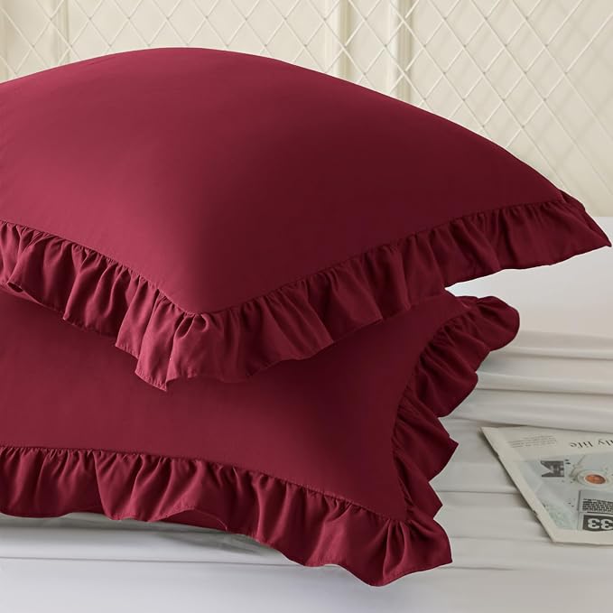 KKJIAF 2 Pack Ruffle Pillow Cases 26x26 Inches, Burgundy | Square Ruffled Pillow Covers, Microfiber Wrinkle Resistant Pillow Shams with Envelope Closure for Sofa Bed Living Room