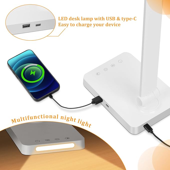 LED Desk Lamp with USB Ports,Touch Desk Lamps for Home Office with 5 Modes | 3 Brightness Desk Light with Small Night Light,Reading Lamp Table Lamp for Bedroom Bedside Study White （with adapter）