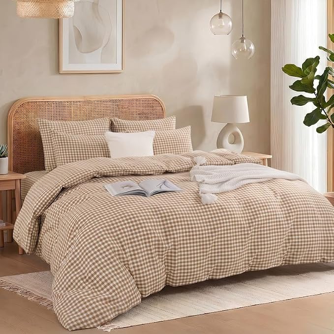 NEXHOME PRO Tan Gingham Duvet Cover King, 100% Washed Cotton Like Linen Feel Organic Natural Bedding Set 3 Piece Brown Vintage Plaid Checkered Comforter Cover Set (No Comforter) 10490