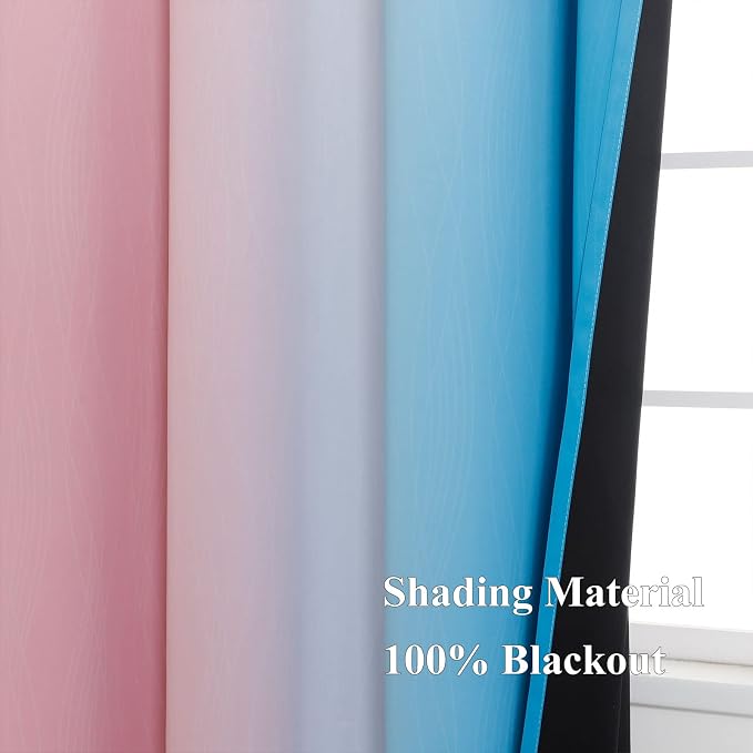 Pink and Blue Ombre Curtains for Bedroom 63 Inch Long | Room Darkening Curtains for Living Room,Wave Line Pattern,Thermal Insulated,Light Blocking Grommet Drapes,52x63 Inch,2 Panels