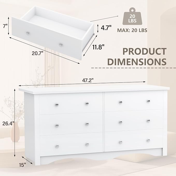 YESHOMY White Dresser for Bedroom with 6 Drawer, 47.2" Organizer Drawers | Space Saving, Modern Design, Anti-Tip, TV Stand for Living Room, Hallway