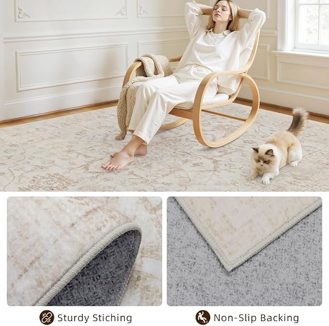 8x10 Area Rugs Living Room: Bedroom Washable Carpet Warm Beige | Vintage Boho Soft Small Indoor Decor Floor Non-Slip Low Pile Neutral Farmhouse Entryway Laundry Bathroom Bedroom Beside Rugs