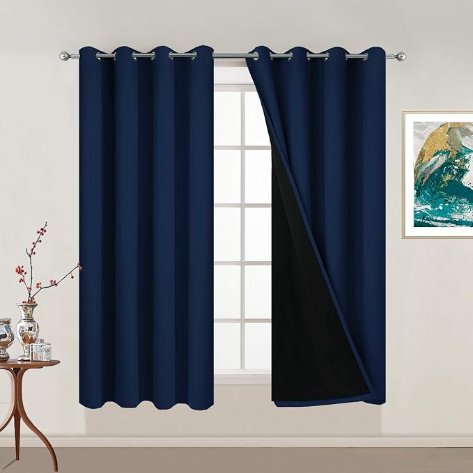 Yakamok Navy Blue 100% Blackout Curtains 54 Inches Long 52" Wide, 2 Panels | Blackout Curtain Panels for Bedroom, 2 Thick Layers Grommet Top Thermal Insulated Drapes with Black Liner for Living Room