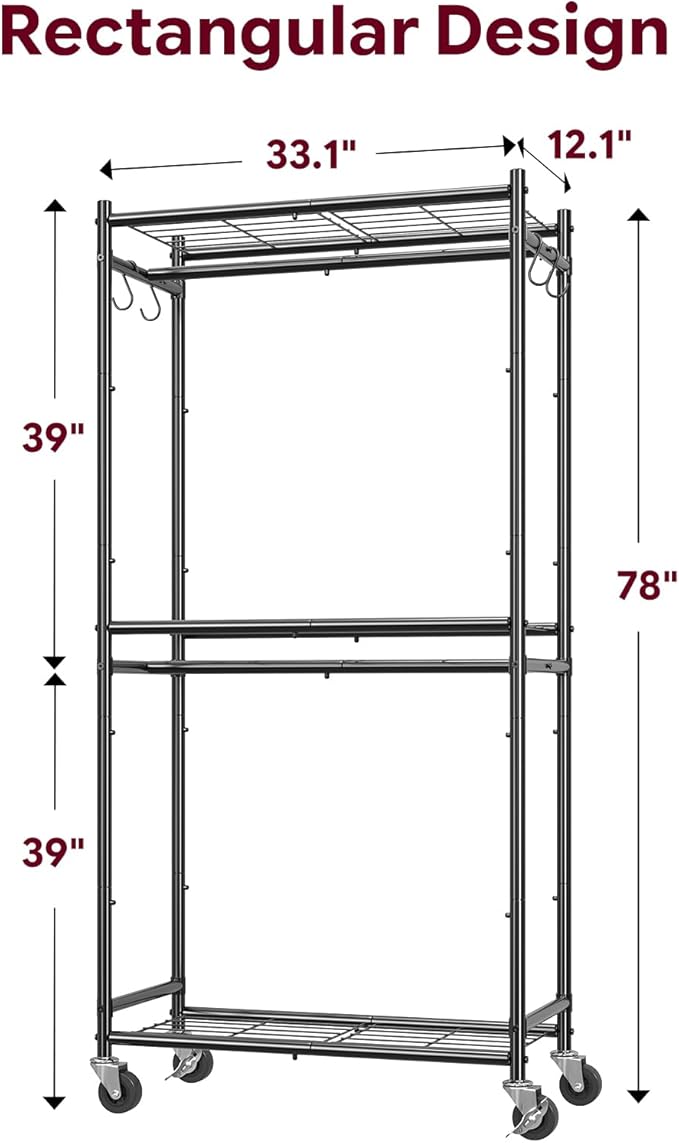 Simple Trending Clothes Rack, Clothing Rack, Portable Closet, Black | Wardrobe Closet with Mesh Shelves & Hooks, Metal Garment Rack, 360° Lockable Wheels, Multi-Functional, for Bedroom, Laundry