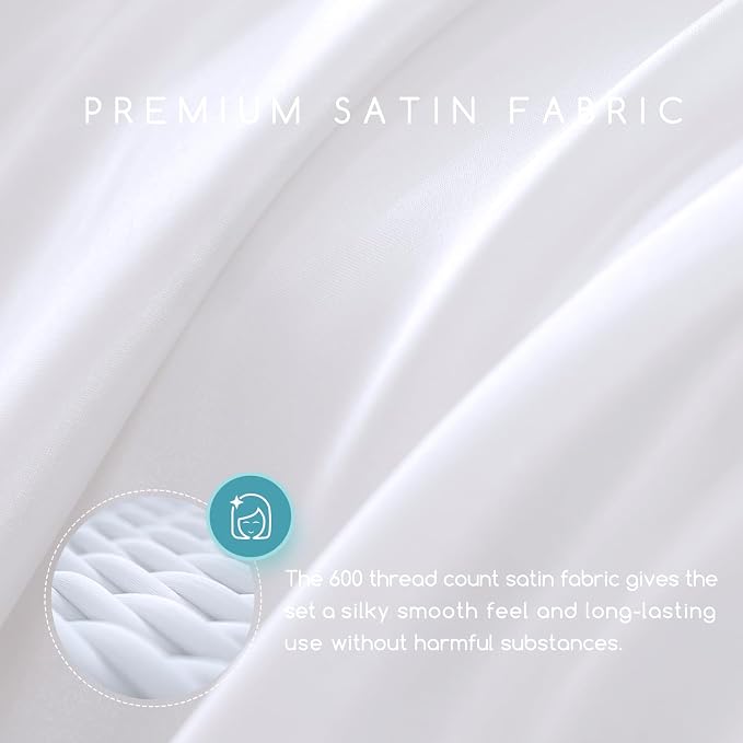 MR&HM Satin Sheets California King Size Sheet Set, White, 4 Pieces | Silky Bed Sheets with Elastic Corner Straps, 15" Deep Pocket, Similar to Silk, Gentle on Skin and Hair, Soft & Cooling