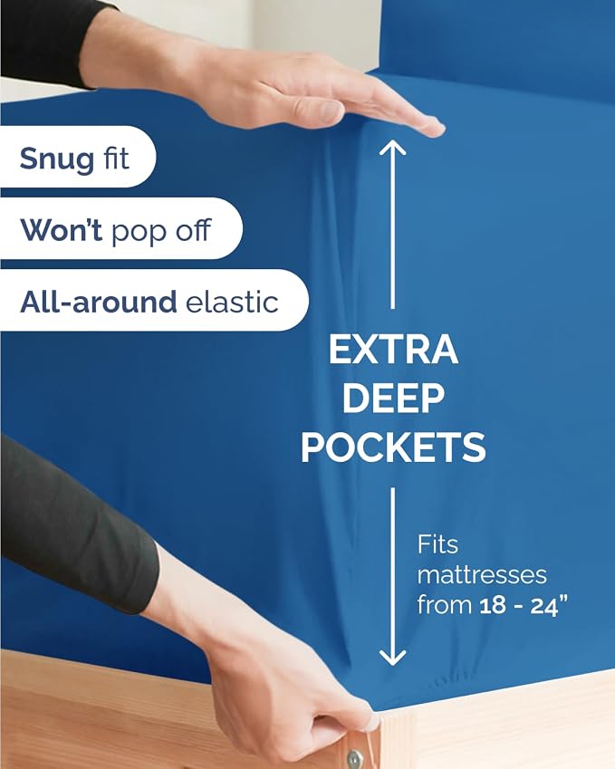 Flex Top Split Head King Sheet Set - 4 Piece Extra Deep Sheets - Royal Blue | Easily Fits 18 to 24 inch Mattress, Ultra Soft, Wrinkle & Fade Free with Extra Deep Pockets, Comfy Hotel Luxury Bedding