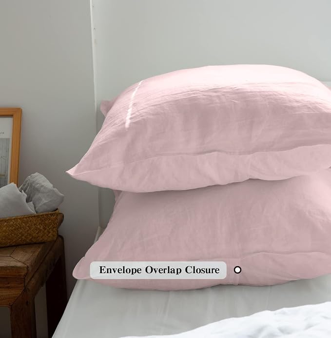 Simple&Opulence 100% Washed Linen Euro Shams 26'' x 26'' Pack of 2, Basic Style Solid Color Natural Flax Farmhouse Decorative Square Throw Pillow Covers for Bed Couch Sofa - Brush Pink