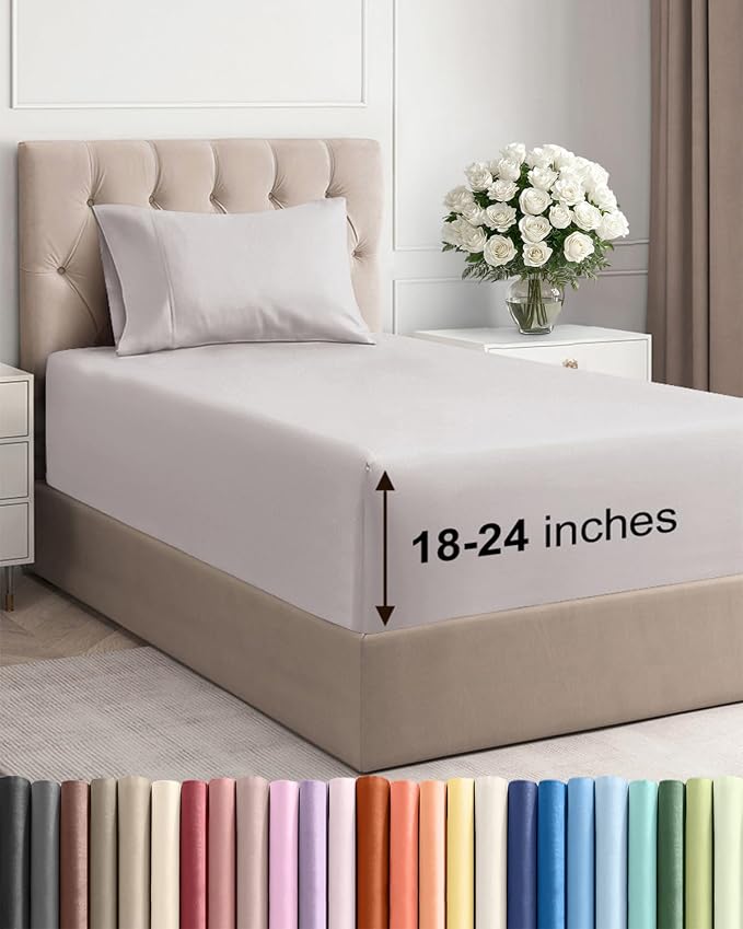 Extra Deep Twin Sheet Set - 3 Piece Breathable Cooling Sheets - Light Grey | Easily Fits 18 to 24 inch Mattress - Ultra Soft, Wrinkle & Fade Free with Extra Deep Pockets - Comfy Hotel Luxury Bedding