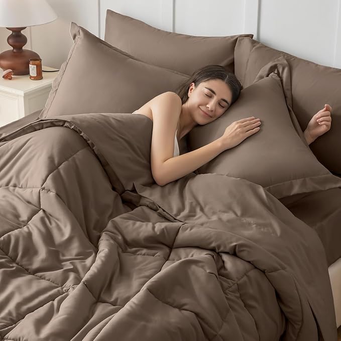JOLLYVOGUE Oversized Queen Comforter Set, Ultra-Soft Bed in a Bag Oversized Queen Size 7 Pieces, Oeko-TEX Certified Bedding Set with Down Alternative Comforter, Sheets, Pillowcases & Shams, Brown