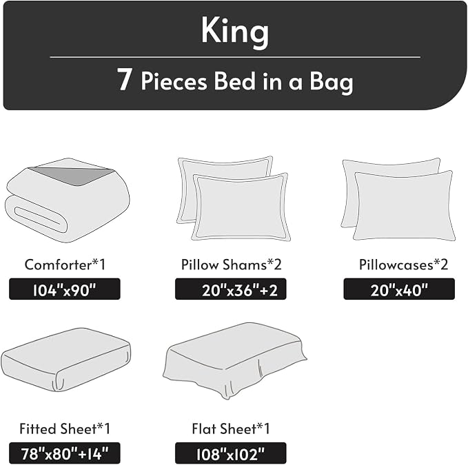 7 Pieces King Comforter Set, Reversible Bed in a Bag King Size, All Season Bedding Set with Comforter, Flat Sheet, Fitted Sheet, Pillowcases & Shams, Peacock Blue & Ivory