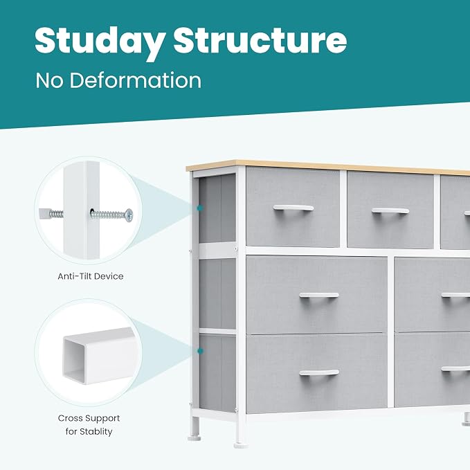 OLIXIS 7 Drawer Fabric Dresser, Storage Tower for Bedroom and Closet | Easy-Pull Bins for Closet Organizers, Chest of Drawers with Steel Frame & Wooden Top for Living Room, Entryway, Light Gray