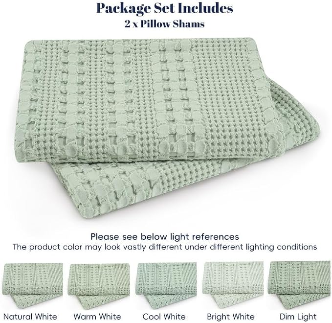 PHF 100% Cotton Waffle Pillow Shams King Size, 2 Pack 20" x 36" Soft Skin-Friendly Pillowcases, No Filling, Aesthetic Woven and Breathable Waffle Weave Pillow Case Covers for Bed, Mint Green