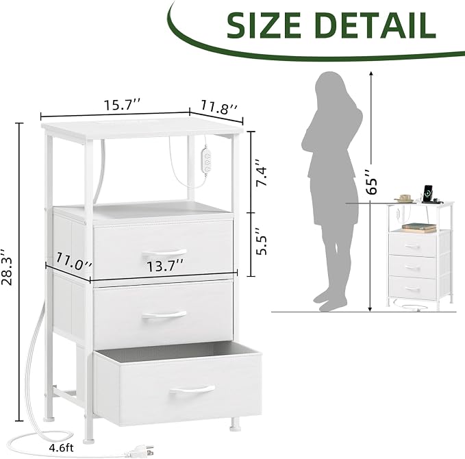 Somdot Nightstands Set of 2 with 3 Drawers, Charging Station & LED Light | Open-Shelf End Tables for Bedside, Small Spaces, Bedroom, Entryway and Hallway, White