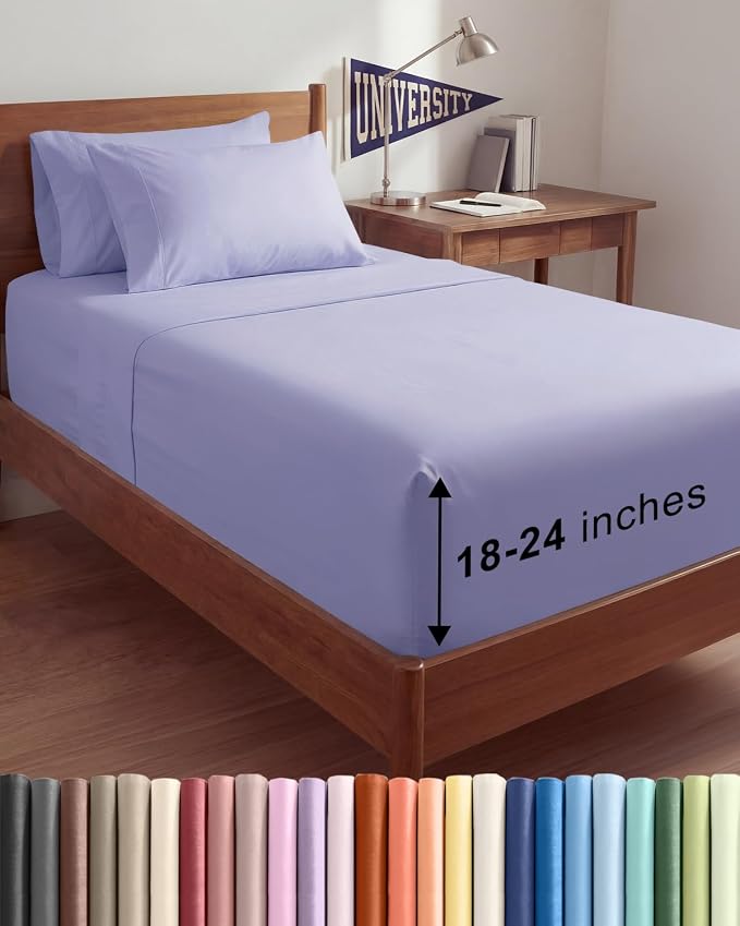 Extra Deep Twin XL Sheet Set - 4 Piece College Dorm Room - Lavender | College Dorm Room Essentials, Easy & Secure Fit, Ultra-Soft, Wrinkle & Fade Free, Comfy Sheets Set with Extra Deep Pockets
