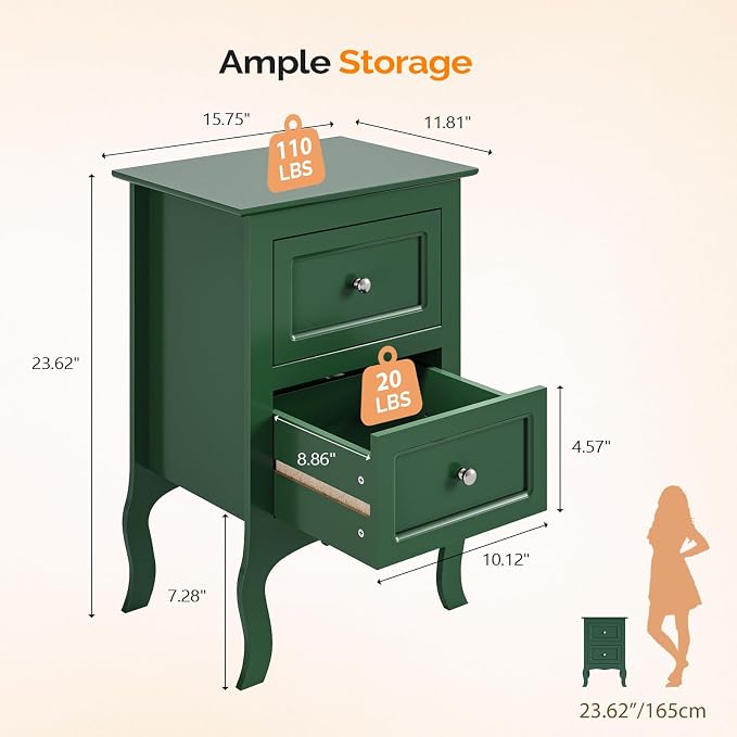 Bonnlo Green Nightstand Set of 2, Small Green Night Stands for Bedroom, Kids Room, Living Room, Wood, 15.75" W x 11.8" D x 23.6" H