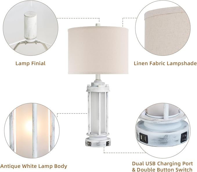 AIEAMPDO 25" Set of 2 Antique White Rustic Table Lamps 2 USB C+A Ports | Vintage Farmhouse Design With Glass Night Light. Nightstand Lamps For Living Room, Bedroom And Dorms, 4 Bulbs Included