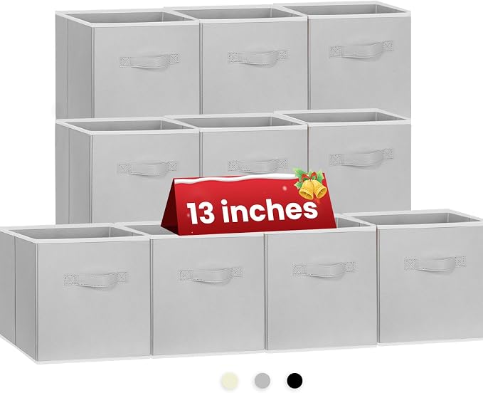 Large Storage Cubes, 13 Inch Cube Storage Bins for Shelves Closet Nursery Bedroom - 10 Pack Collapsible Storage Baskets with Handles - Fabric Bins for Organizing Magazines Clothes Toys (Grey)