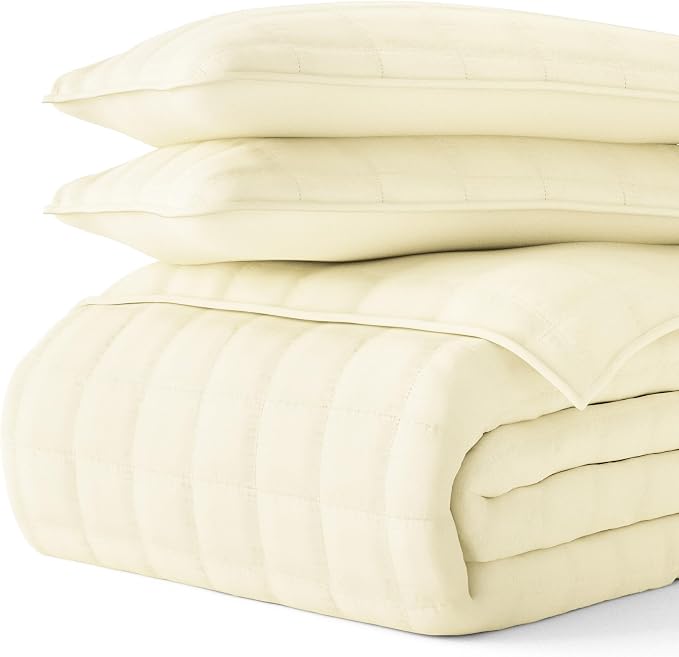 Merit Linens Classic Quilt Coverlet Soft Set in Square Stitching - King/Cal-King Yellow