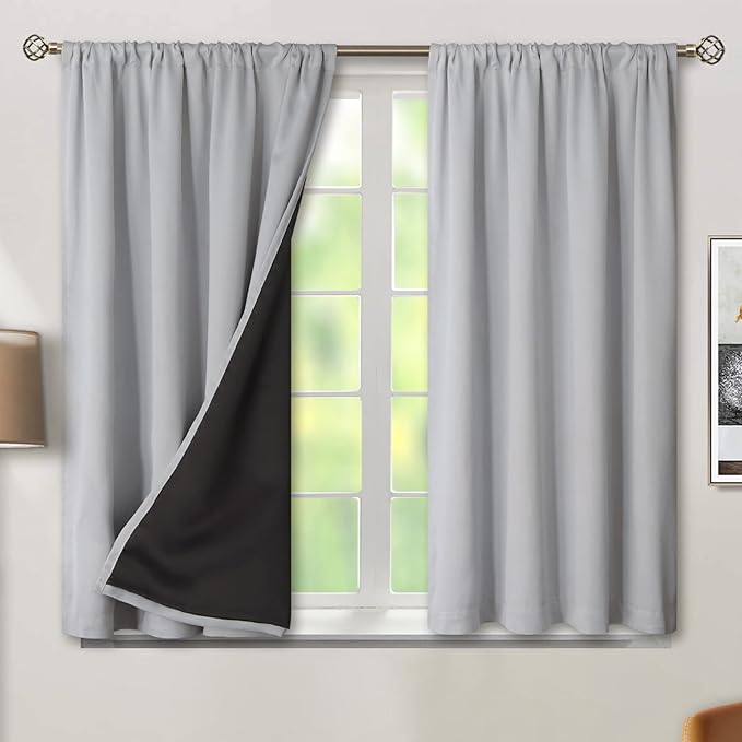 BGment Light Grey 100% Blackout Curtains for Bedroom 45 Inch Length | Thermal Insulated Soundproof, Light Blocking Dark, Black Out Curtains for Living Room, 2 Panels, 42 x 45 Inch