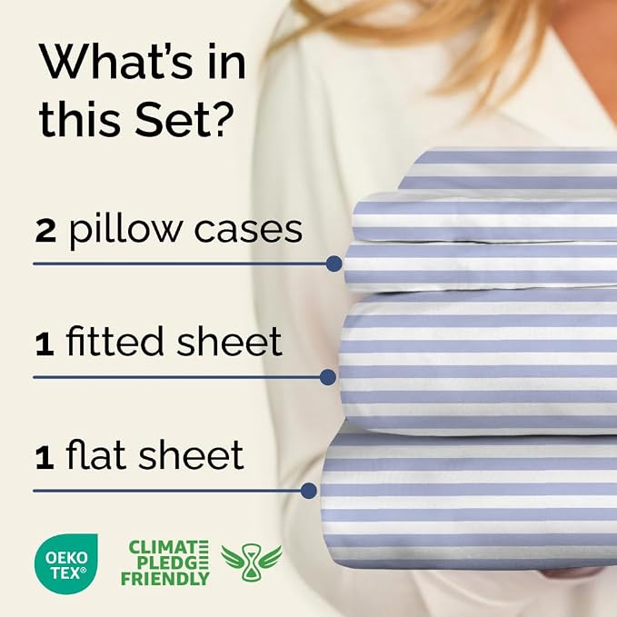 King 4 Piece Striped Sheet Set - Soft, Breathable & Cooling - Blue Sky | 1 Flat, 1 Fitted & 2 Pillowcases w/ Deep Pockets, Luxury Striped Bedding, Soft, Breathable & Cooling, Wrinkle & Fade Free