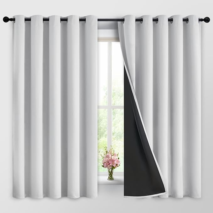 Yakamok Greyish White 100% Blackout Curtains 63 Inches Long, 2 Thick Layers | Blackout Curtains for Bedroom/Living Romm Full Light Blocking Soft Thermal Insulated Drapes for Bedroom 62" Wide Each Panel