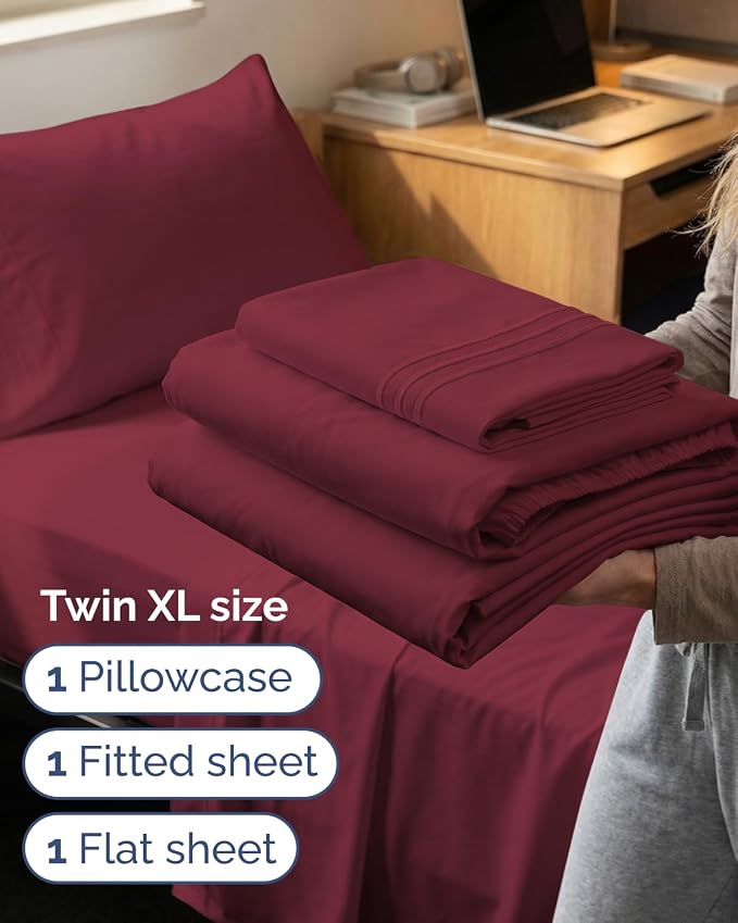 Twin XL 3 Piece Sheet Set - College Dorm Room Essentials - Burgundy | Deep Pocket Bed Sheets for Women, Men, Teens & Students, Soft, Cooling, Breathable & Wrinkle Free, Oeko-Tex Bed Sheet Set