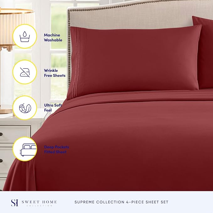 Twin Sheets - Breathable Luxury Sheets with Full Elastic & Secure Corner Straps Built In - 1800 Supreme Collection Extra Soft Deep Pocket Bedding Set, Sheet Set, Twin, Burgundy