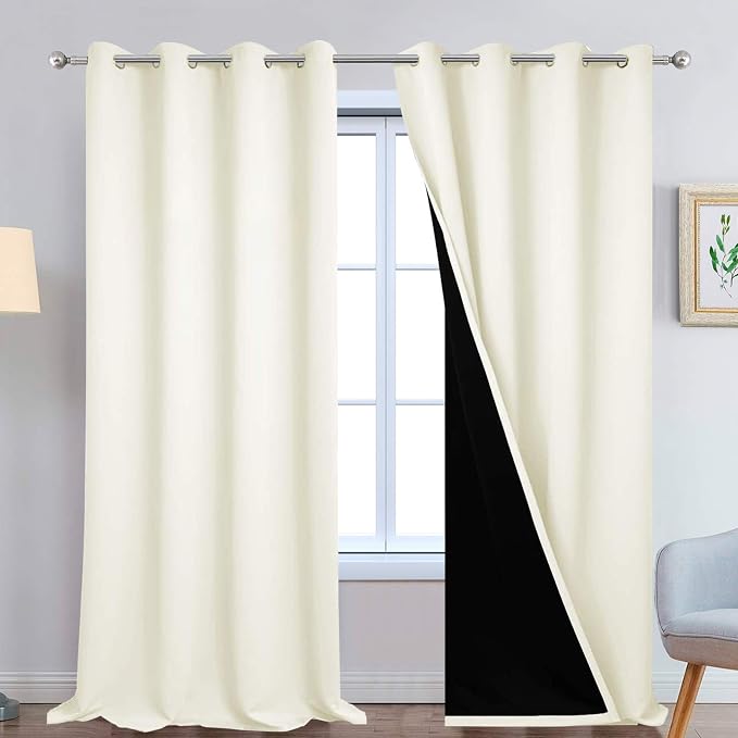 Yakamok Cream 100% Blackout Curtains 108 Inches Long for Bedroom 52" Wide | Blackout Curtain Panels for Bedroom, 2 Thick Layers Grommet Top Thermal Insulated Drapes with Black Liner for Living Room