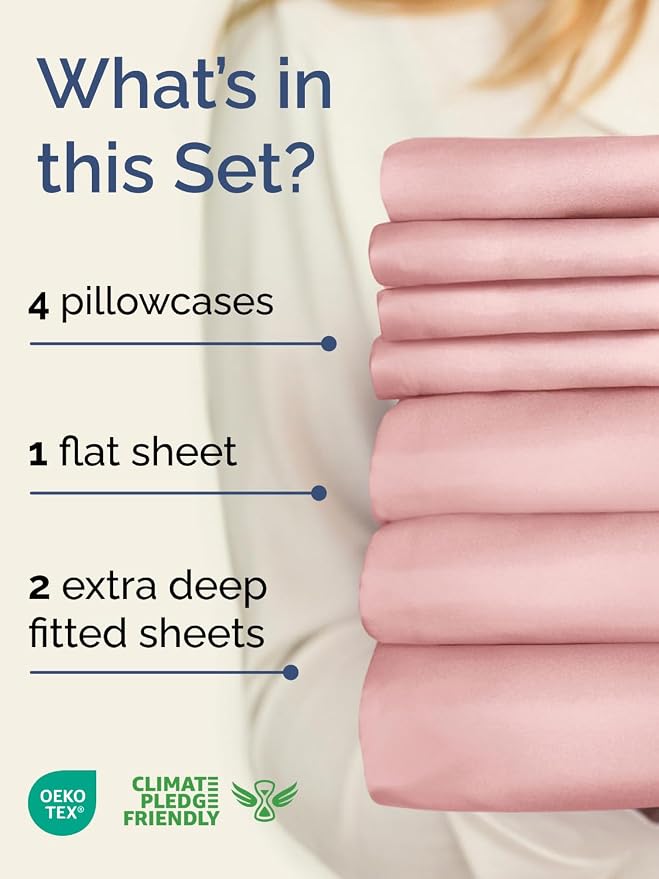 Extra Deep Split King Sheet Set - 7 Piece Breathable & Cooling - Baby Pink | Hotel Luxury Bed Sheets Set, Easy & Secure Fit, Ultra-Soft, Wrinkle & Fade Free, Comfy Sheets Set with Extra Deep Pockets