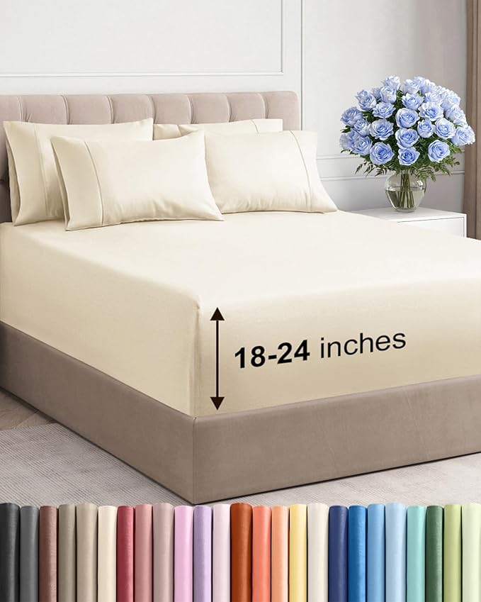 Extra Deep Cal King Sheet Set - 6 Piece Breathable & Cooling - Off White | Hotel Luxury Bed Sheets Set, Easy & Secure Fit, Ultra-Soft, Wrinkle & Fade Free, Comfy Sheets Set with Extra Deep Pockets