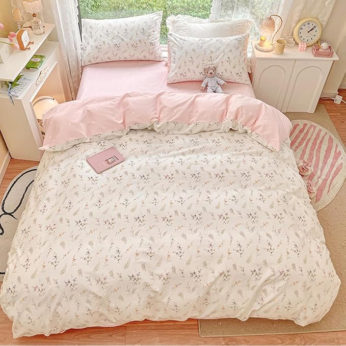Nayoroom Floral Duvet Cover Set Full Pink White Botanical Flower Bedding | Reversible, Coquette Cottagecore Bedding, Soft Breathable Washed Microfiber, All-Season, Hidden Zipper, 4 Corner Ties