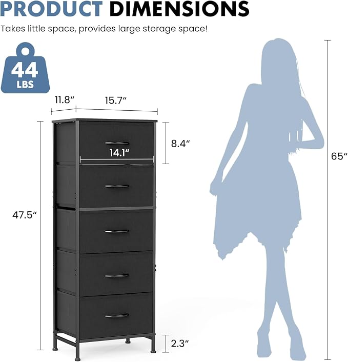 DUMOS Nightstand with 5 Drawers, Bedside Table with Removable Fabric Bins, Sturdy Steel Frame Wood Top Skinny Dresser for Bedroom Closet Living Room, Black