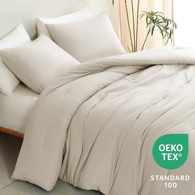 Full Comforter Set, 3 Pieces Down Alternative Bedding, Oatmeal | 270 GSM All Season Comforter with 4 Corner Ties for Use as a Duvet Insert, OEKO-TEX Certified, 2 Pillowcases, 82 x 86 in