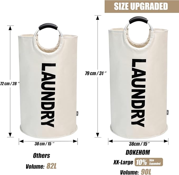 DOKEHOM 90L Large Laundry Basket Bag, Collapsible Tall Hamper, Beige | Freestanding tall washing bin & foldable laundry bag. High-capacity clothes storage basket with durable sturdy handles