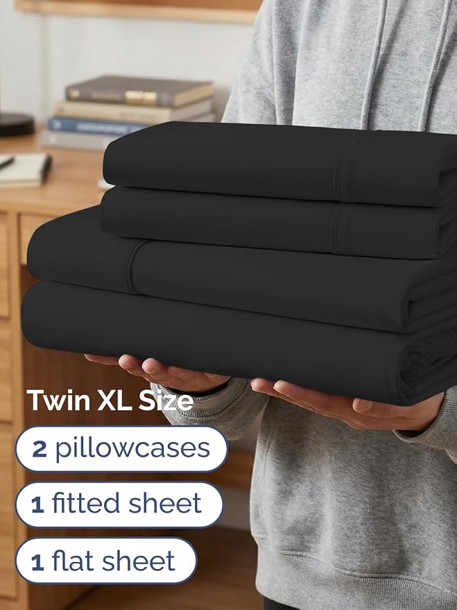 Extra Deep Twin XL Sheet Set - 4 Piece College Dorm Room - Black | College Dorm Room Essentials, Easy & Secure Fit, Ultra-Soft, Wrinkle & Fade Free, Comfy Sheets Set with Extra Deep Pockets