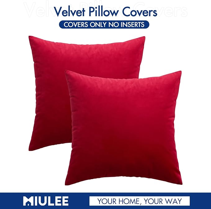 MIULEE Velvet Throw Pillow Covers 12x12 Inch Pack of 2 Red | Soft Solid Small Decorative Pillow Covers, Modern Luxury Home Decor, for Couch Chair Sofa Bedroom Livingroom Car
