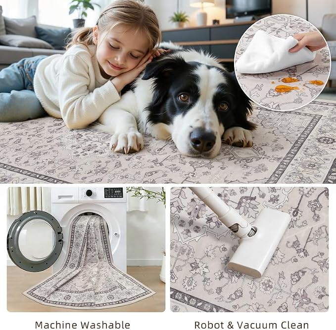 10x14 Area Rugs Living Room: Bedroom Washable Carpet Beige & Grey | Large Vintage Boho Indoor Decor Neutral Soft Nursery Farmhouse Dining Room Office Floor Non-Slip Low Pile Under Table Rug