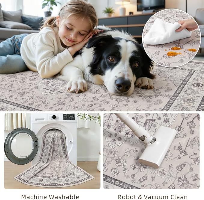 10x12 Area Rugs Living Room: Bedroom Washable Carpet Beige & Grey | Large Vintage Boho Indoor Decor Neutral Soft Nursery Farmhouse Dining Room Office Floor Non-Slip Low Pile Under Table Rug