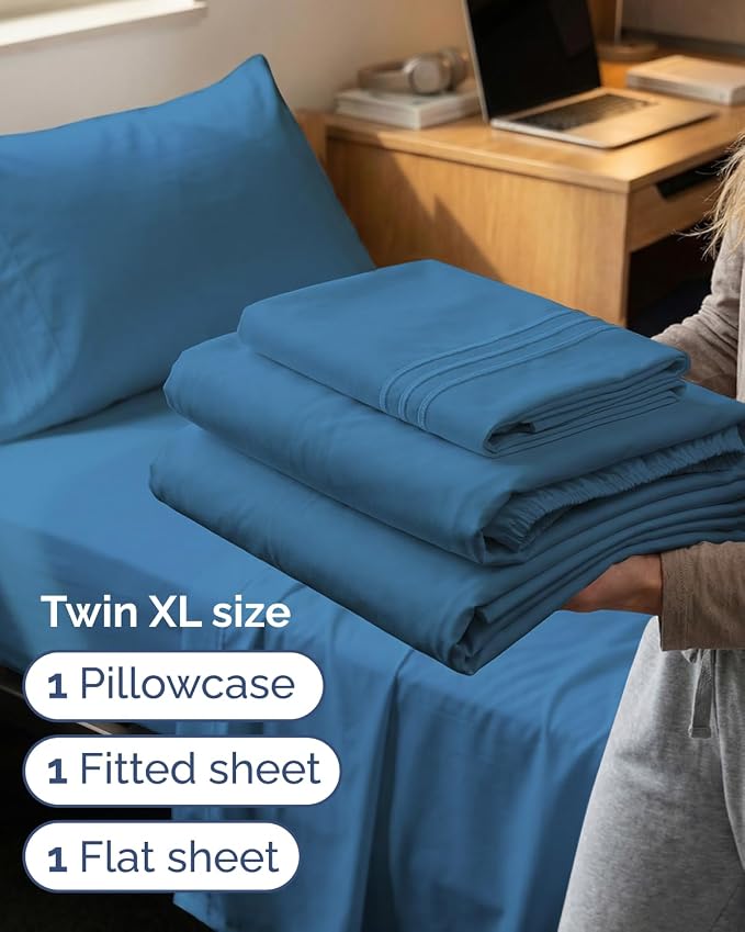 Twin XL 3 Piece Sheet Set - College Dorm Room Essentials - Denim Blue | Deep Pocket Bed Sheets for Women, Men, Teens & Students, Soft, Cooling, Breathable & Wrinkle Free, Oeko-Tex Bed Sheet Set