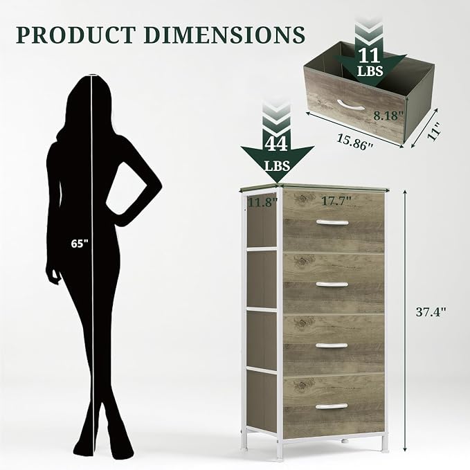 4 Drawers Dresser for Bedroom Fabric Storage Tower with Wooden Top | Steel Frame Tall Chest of Drawers for Closet, Entryway, Dorm, Greige Oak