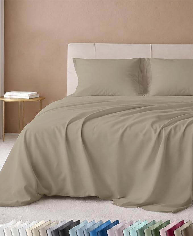 California Design Den Luxury 600 Thread Count California King Bed Sheets | 100% Cotton Sateen Backed by Good Housekeeping Seal, Soft & Smooth, 16" Deep Pocket, All-Around Elastic, 4 Pc Set -Cool Taupe