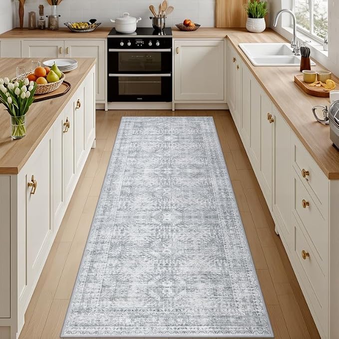 2'6''x8' Hallway Washable Runner Rug: Neutral Kitchen Carpet Gray | Vintage Boho Soft Small Indoor Decor Floor Non-Slip Low Pile Neutral Farmhouse Entryway Laundry Bathroom Bedroom Beside Rugs