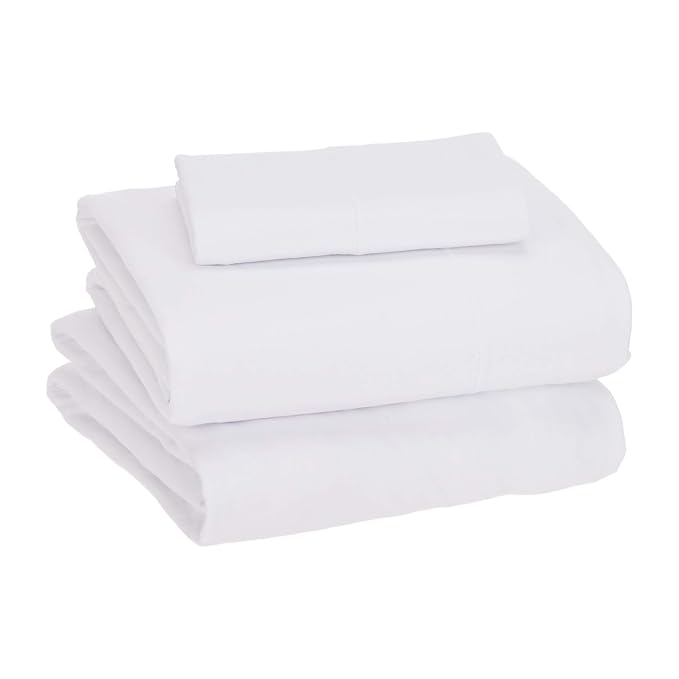 Amazon Basics Breathable, Stretchy 100% Cotton Jersey 3-Piece Bed Sheet Set, Includes Flat and Fitted Sheets, Pillowcase, Twin, White (Pack of 2)